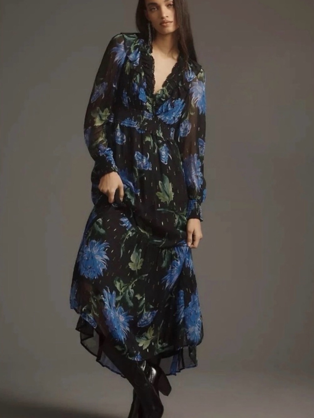 NWT [$278] Anthropologie The Odetta Black Maxi Dress with Blue Floral Print. M